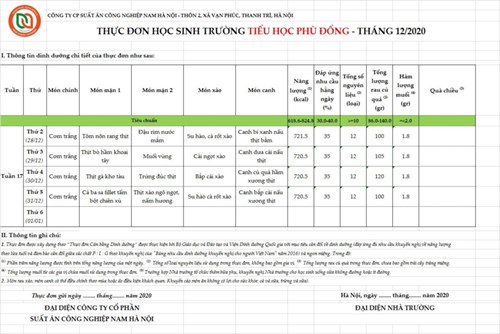 Thực đơn bán trú tuần từ 28/12 đến 01/01/2021